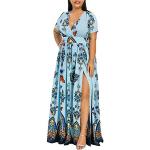 Robes longues ethniques bleues à fleurs en dentelle longues à manches longues à col en V Taille 3 XL plus size style ethnique pour femme 
