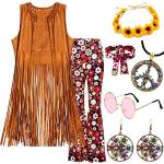 Déguisement des années 70 pour femme - Gilet à franges avec abba - Pantalon évasé et accessoires des années 70 - Costume hippie pour femme et fille - Déguisement hippie des années 60 pour femme