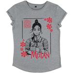 Disney Live Action-Ink Line Mulan Women's Organic Rolled Sleeve T-Shirt, Gris, M Femme