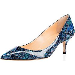 elashe - Escarpins Femme - 6.5 cm Kitten-Heel Chaussures - Bout Pointu Fermé - Classique Bureau Soiree Shoes Fleur-Bleu EU41