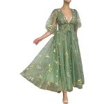 Robes de cocktail vertes à fleurs en tulle avec broderie mi-longues à manches mi-longues Taille S look casual pour femme 