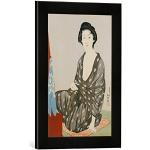 'Encadré Image de Goyo hashiguchi "Une beauté dans un kimono noir avec motif hanabishi Blanc Assis devant un miroir. HYUNDAI Oban Tate de E, d'art dans le cadre de haute qualité Photos fait main, 30 x 40 cm, noir mat