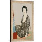 'Encadré Image de Goyo hashiguchi "Une beauté dans un kimono noir avec motif hanabishi Blanc Assis devant un miroir. HYUNDAI Oban Tate de E, d'art dans le cadre de haute qualité Photos fait main, 40 x 60 cm, argent Raya