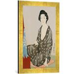 'Encadré Image de Goyo hashiguchi "Une beauté dans un kimono noir avec motif hanabishi Blanc Assis devant un miroir. HYUNDAI Oban Tate de E, d'art dans le cadre de haute qualité Photos fait main, 40 x 60 cm, Doré Raya