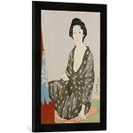 'Encadré Image de Goyo hashiguchi "Une beauté dans un kimono noir avec motif hanabishi Blanc Assis devant un miroir. HYUNDAI Oban Tate de E, d'art dans le cadre de haute qualité Photos fait main, 40 x 60 cm, noir mat