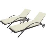 Ensemble de 2 chaises longues bain de soleil transat de jardin avec petite table polyrotin marron coussins beige crème 04_0002974