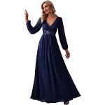 Robes plissées de soirée bleu marine en mousseline à manches longues à col en V Taille XS plus size look fashion pour femme en promo 