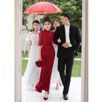 Robes de mariée sur mesure rouges en dentelle à manches trois-quart Taille L look asiatique pour femme 