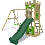 FATMOOSE Aire de Jeux Portique Bois TreasureTower avec balançoire et Toboggan Vert, Maison Enfant Exterieur avec bac à Sable, échelle d'escalade & Accessoires de Jeux