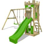 FATMOOSE Aire de Jeux Portique Bois TreasureTower avec balançoire et Toboggan Vert Pomme Maison Enfant Exterieur avec bac à Sable, échelle d'escalade & Accessoires de Jeux