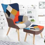 Fauteuils patchwork multicolores patchwork en bois à motif poule scandinaves en promo 