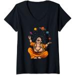 Femme Bouddha Jongle Avec Planètes Spatiales Zen Yoga Méditation T-Shirt avec Col en V