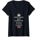Femme Drapeau Union Jack « Keep Calm and Carry on Royal Family » T-Shirt avec Col en V