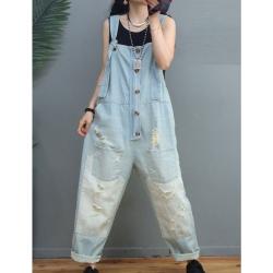 Femme Fashion Loose Fitting Minimaliste Ripped Jeans Overalls With Pockets/Womans Casual Cotton For Women