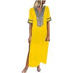 Robes vintage pin up jaunes à pois en satin maxi à manches longues à col Claudine Taille 3 XL look Pin-Up pour femme 
