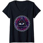 Femme Psychédélique Illuminati oeil Géométrie Sacrée ésotérique T-Shirt avec Col en V