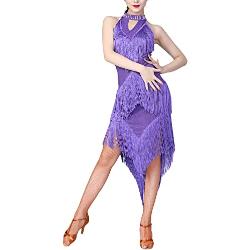 Femme Robe Danse Latine Tango Salsa Jazz à Franges Robe Danse sans Manches Robe de Soirée Vêtements de Danse,Violet,L