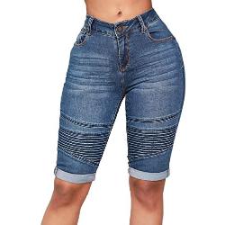 Femmes Taille mi-Haute élastique Zip Skinny Denim Genou Longueur Curvy Stretch Shorts JUPCs Vintage Womens Pants