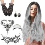 Perruques grises en dentelle d'Halloween look gothique pour femme 