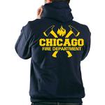 feuer1 Sweat à capuche bleu marine Chicago Fire Dept. avec haches et emblème standard jaune