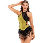 Tenues de jazz-dance beiges nude patchwork à sequins respirantes à bretelles spaghetti micros Taille XXL classiques pour femme 