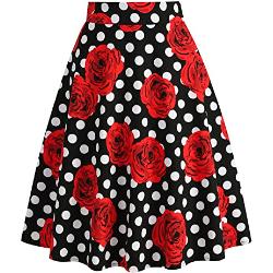 FYMNSI Jupe Rockabilly Vintage années 1950 rétro imprimé floral jupe plissée élastique taille haute swing, Noir à pois + rose, S