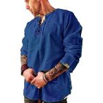 Chemises bleues en lin à manches longues à col en V Taille 5 XL look médiéval pour homme 