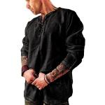 Chemises noires en lin à manches longues à col en V Taille 5 XL look médiéval pour homme 