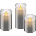 goobay 57865 Lot de 3 bougies LED cire véritable en verre (gris) avec fonction minuterie/lueur de bougie blanc chaud/flamme mobile/bougies de 10, 12,5 & 15cm de haut/transparent