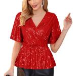 GRACE KARIN Chauve-Souris Manches Courtes Shimmer and Shine Peplum Tops pour Teen Girls Ivory Party Sparkling Top T-Shirt à Manches Courtes Rouge M