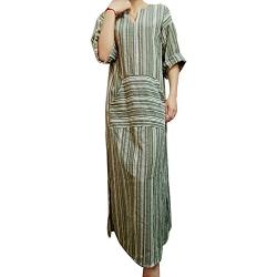 HAHAEMMA Robes Femme Lâche Dress Manches Longues Rétro Linen Coton Robes Longues Blouse Élégante Large Casual Robes D'été Dames Plus La Taille(GR,5XL)