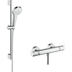 Hansgrohe Croma Select S Ensemble de douche avec barre curseur 65cm douchette à main et robinet thermostatique Ecostat blanc/chrome 27013400