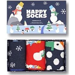 Happy Socks 3-Pack Snowman, chaussettes de Noël pour homme et femme, coffret cadeaux avec des chaussettes drôles imprimés avec un bonhomme de neige taille 36-40