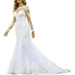 Robes de mariée sirène blanc d'ivoire en dentelle à perles à manches longues à col rond Taille S look fashion pour femme 
