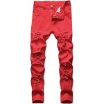 Jeans droits rouges à carreaux en cuir délavés stretch Taille S look Hip Hop pour homme 
