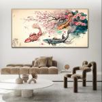 Impression D'étang Chinois Trois Poissons Sakura - Aquarelle, Art Mural Moderne, Impression Sur Toile Tendue/Roulée