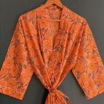 Peignoirs Kimono orange à fleurs en coton Tailles uniques pour femme 