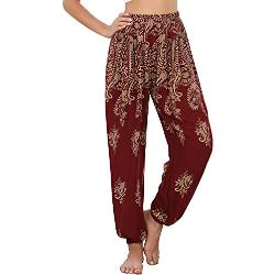 Irevial Pantalon de Yoga Taille Haute Poches Femme Sarouel Pantalon Fashion Imprimé Doux Casual Pantalon Boho Hippie - Bourgogne-Noix de cajou -L