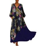 Robes longues bohèmes d'automne bleu marine à fleurs en mousseline à paillettes maxi à manches longues Taille 5 XL plus size style bohème pour femme 