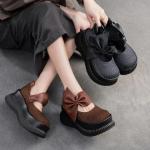 Sandales noires en cuir en cuir à talons compensés à bouts ronds avec un talon entre 7 et 9cm rétro pour femme 