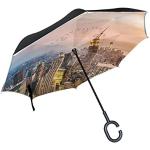 JSTEL Double Couche inversé New York City Gratte-Ciel Coucher de Soleil Parapluie Cars Envers Coupe-Vent Parapluie pour Auto extérieur avec poignée en Forme de C