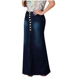 Jupe longue en jean délavé pour femme - Jupe longue à boutons - Jupe d'automne, bleu foncé, M