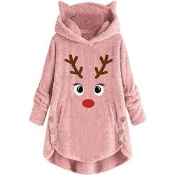 Kaistery Pull Noel Femme Sweat a Capuche Femme Hoodie Sherpa Hiver Chaud Joli Sweats Noël Sweatshirts Femme Oversize en Polaire Pull Femme Hiver Manches Longues Pull Femme Chic Rose M