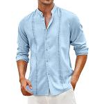 Chemises pour la fête des pères bleu ciel à carreaux en flanelle col mao respirantes à manches courtes Taille L look casual pour homme 