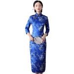 Robes de soirée longues de mariage bleus foncé à fleurs à manches longues Taille L look asiatique pour femme 