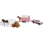 Kids Globe Traffic Die Cast Mitsubishi with Horse Trailer, Fence, Horses, Fence, Feed Bales (Pink, 27 cm) 520205