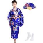 Robes de chambre longues bleues en satin à motif papillons à manches trois-quart Tailles uniques look asiatique pour femme 