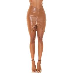 Koucla Mini jupe taille haute aspect cuir avec fermeture éclair effet asymétrie, marron, 38
