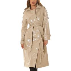 Koucla Trench en cuir synthétique aspect cuir manteau business manteau cintré ceinture manteau court, beige, M