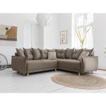 Canapé d'angle droit 5 places avec rangements en tissu effet velours  texturé beige et bois clair KOMAO - Miliboo